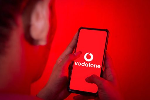 pringsewu; Lampung; February 6, 2023; Closeup of a hand, This photo illustration shows the logo of a multinational telecommunications company from the United Kingdom "Vodafone" on a cellphone screen.